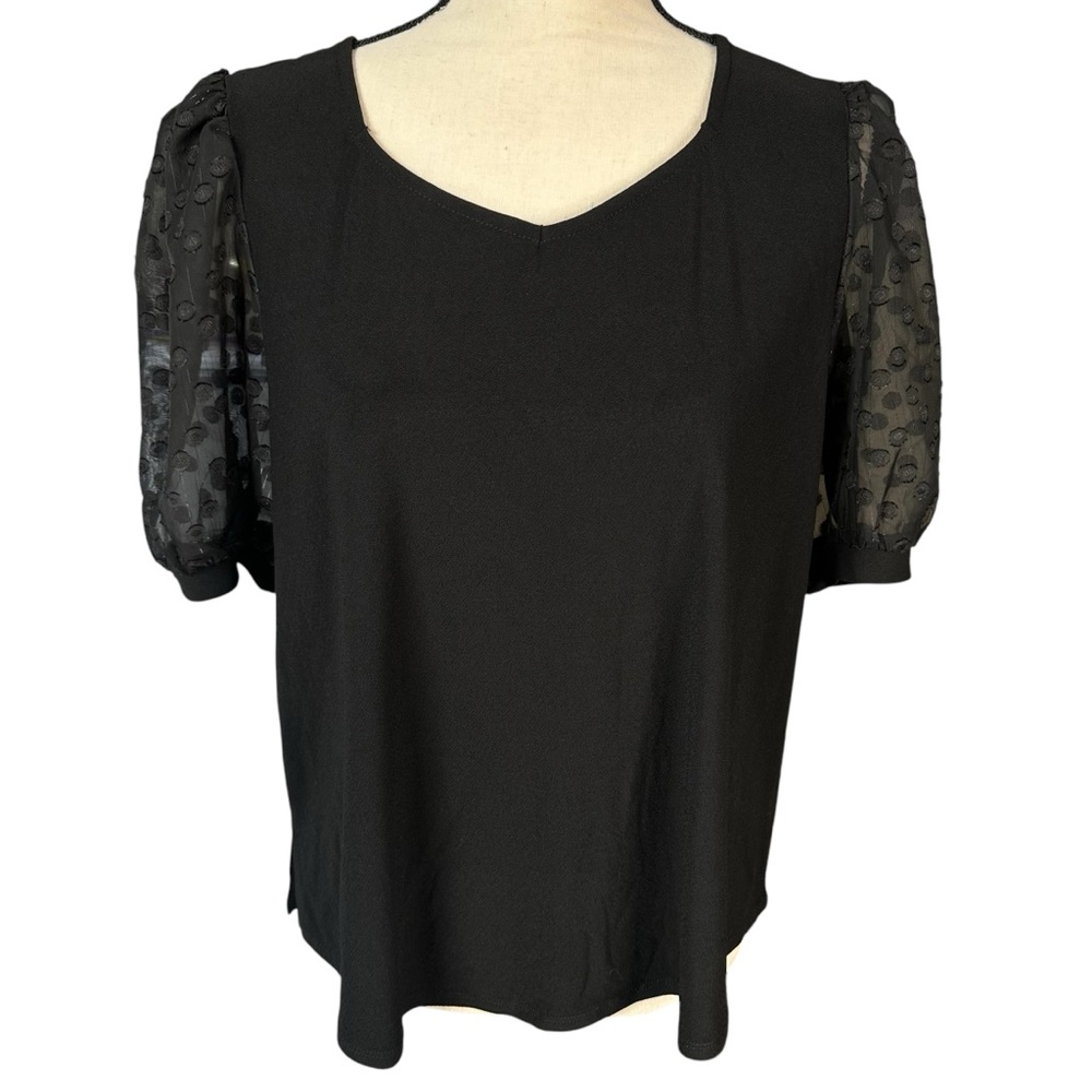 LOVE SCARLETT Polka Dot Sleeve Sweetheart Blouse PETITE XL Black Dressy NWT